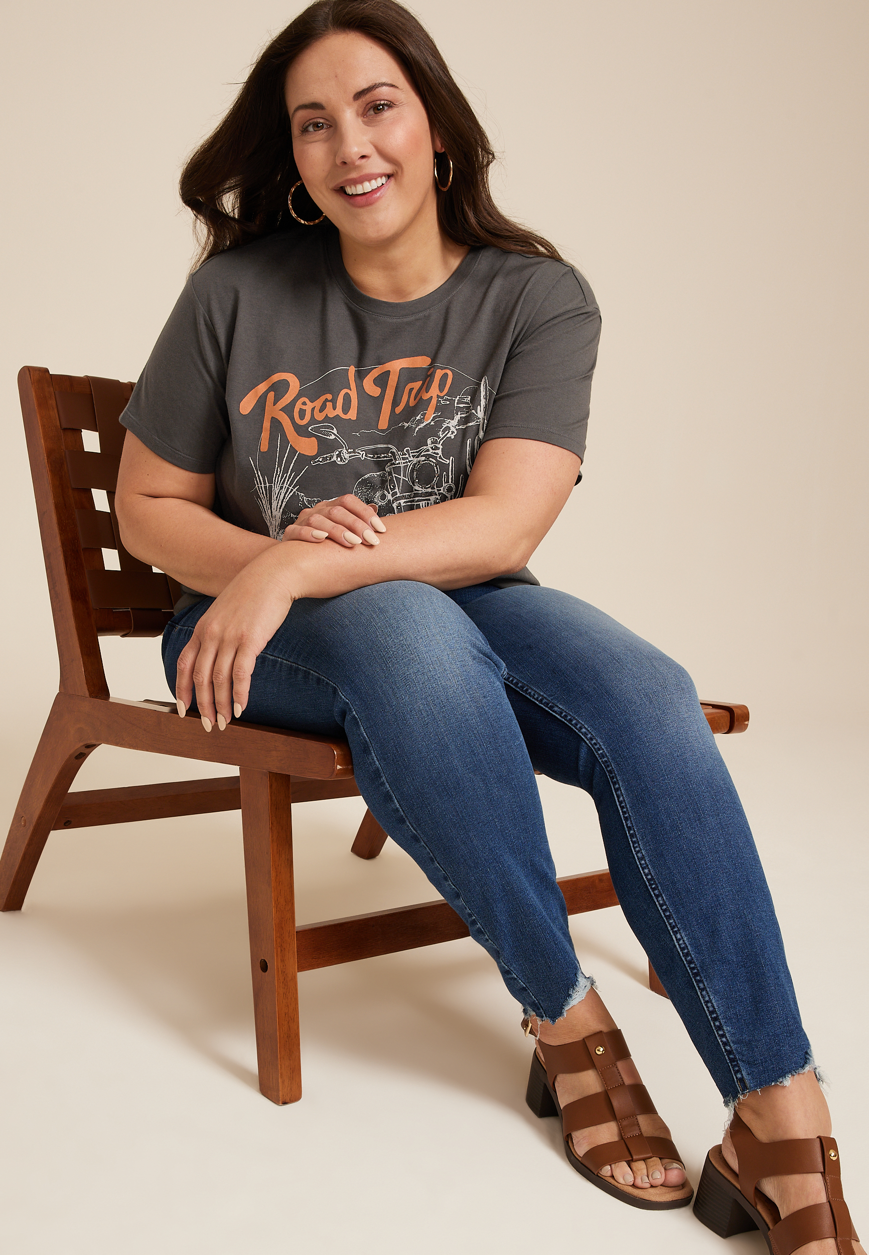 Plus Size Road Trip Rhinestone Motorcycle Relaxed Fit Graphic Tee, CHARCOAL, large