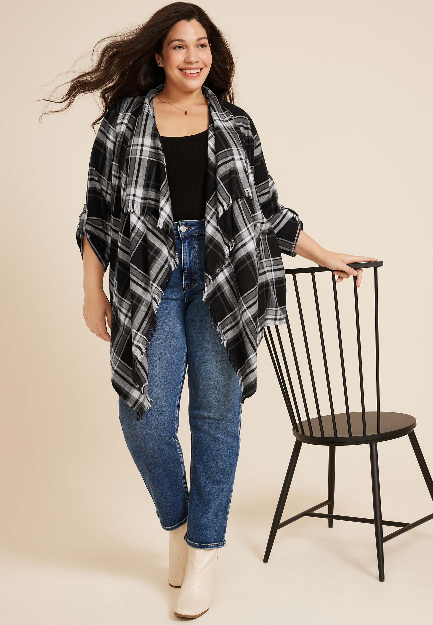 Plus Plaid Open Front Kimono