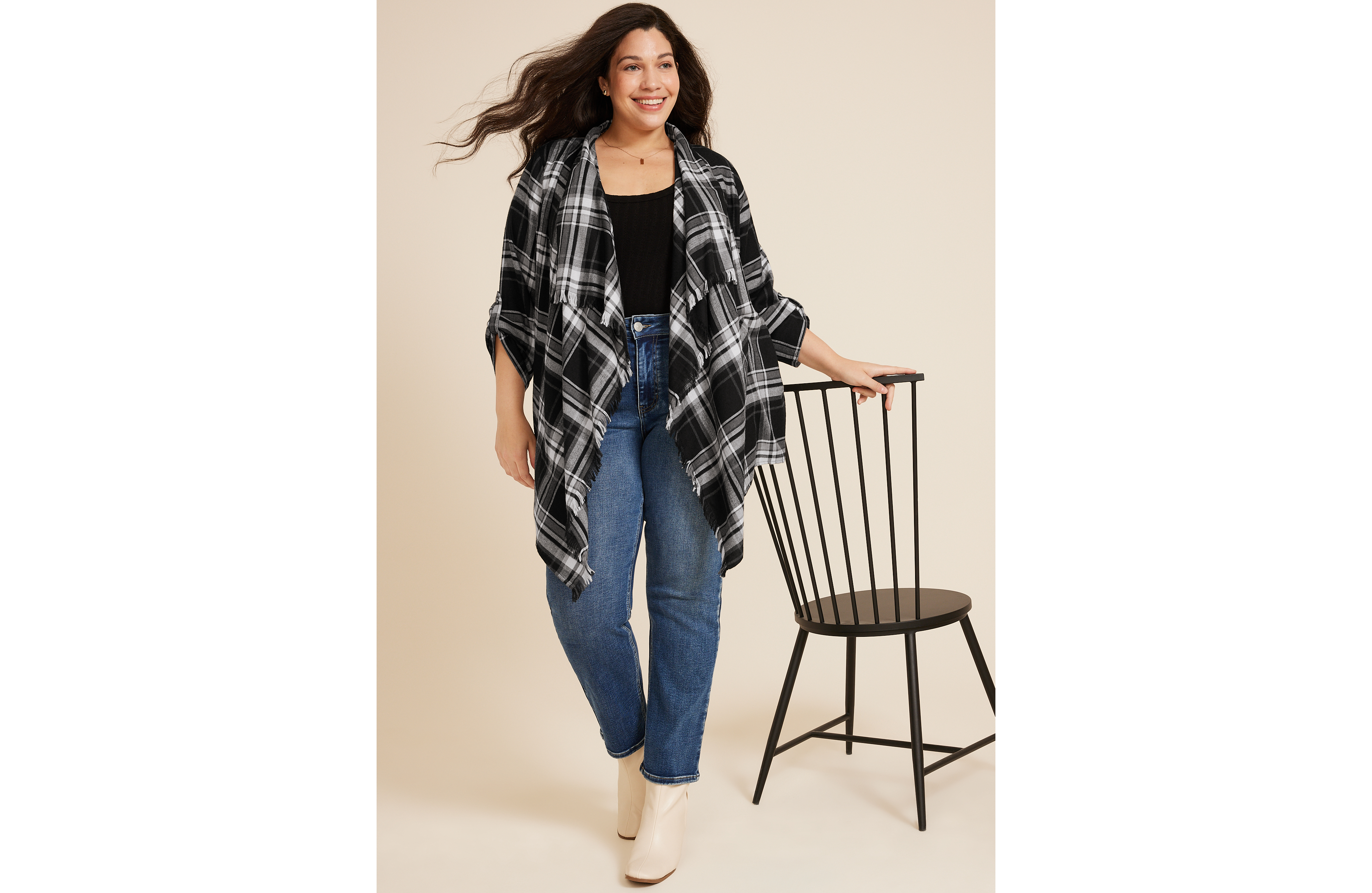 Plus Plaid Open Front Kimono