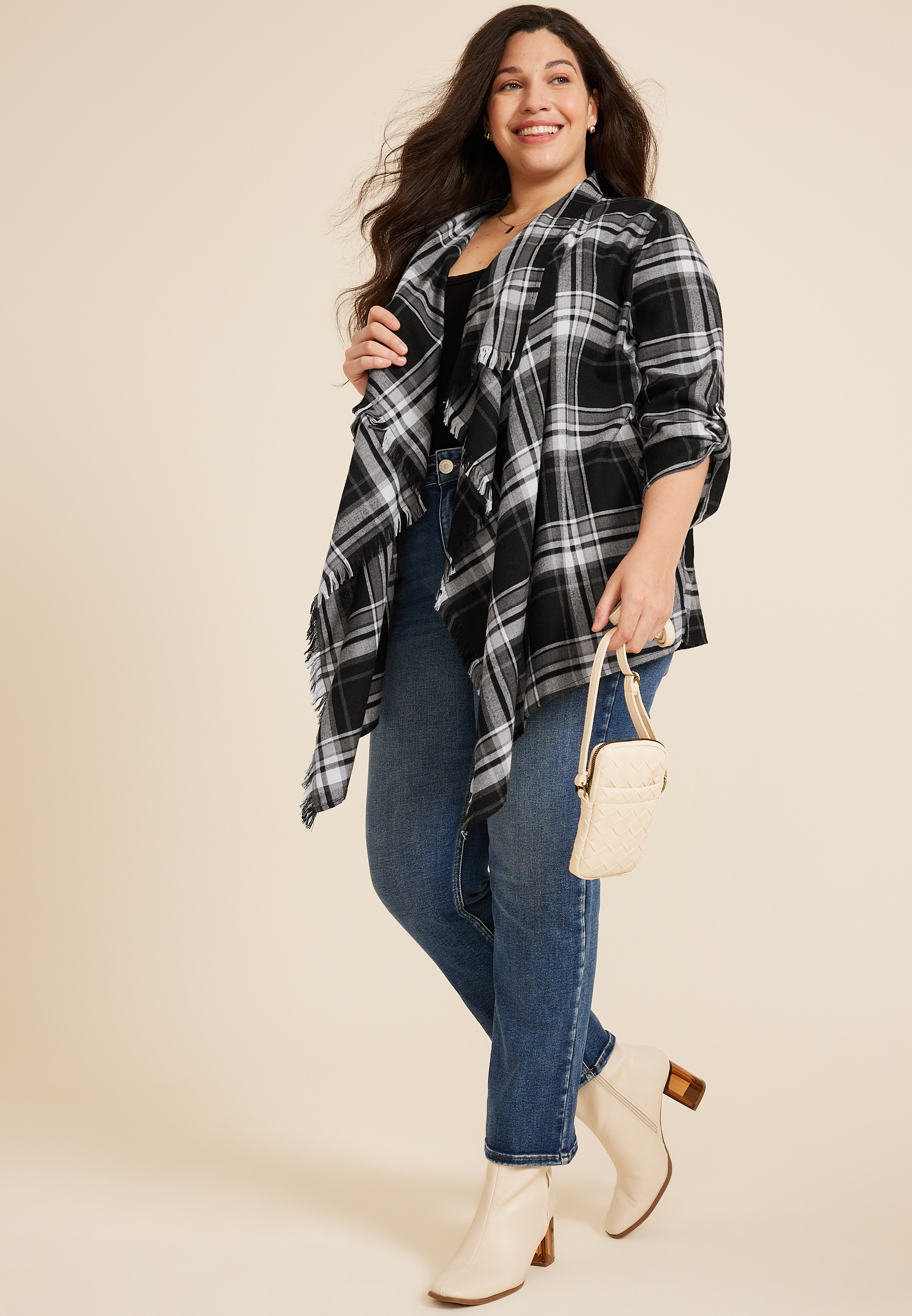Plus Plaid Open Front Kimono