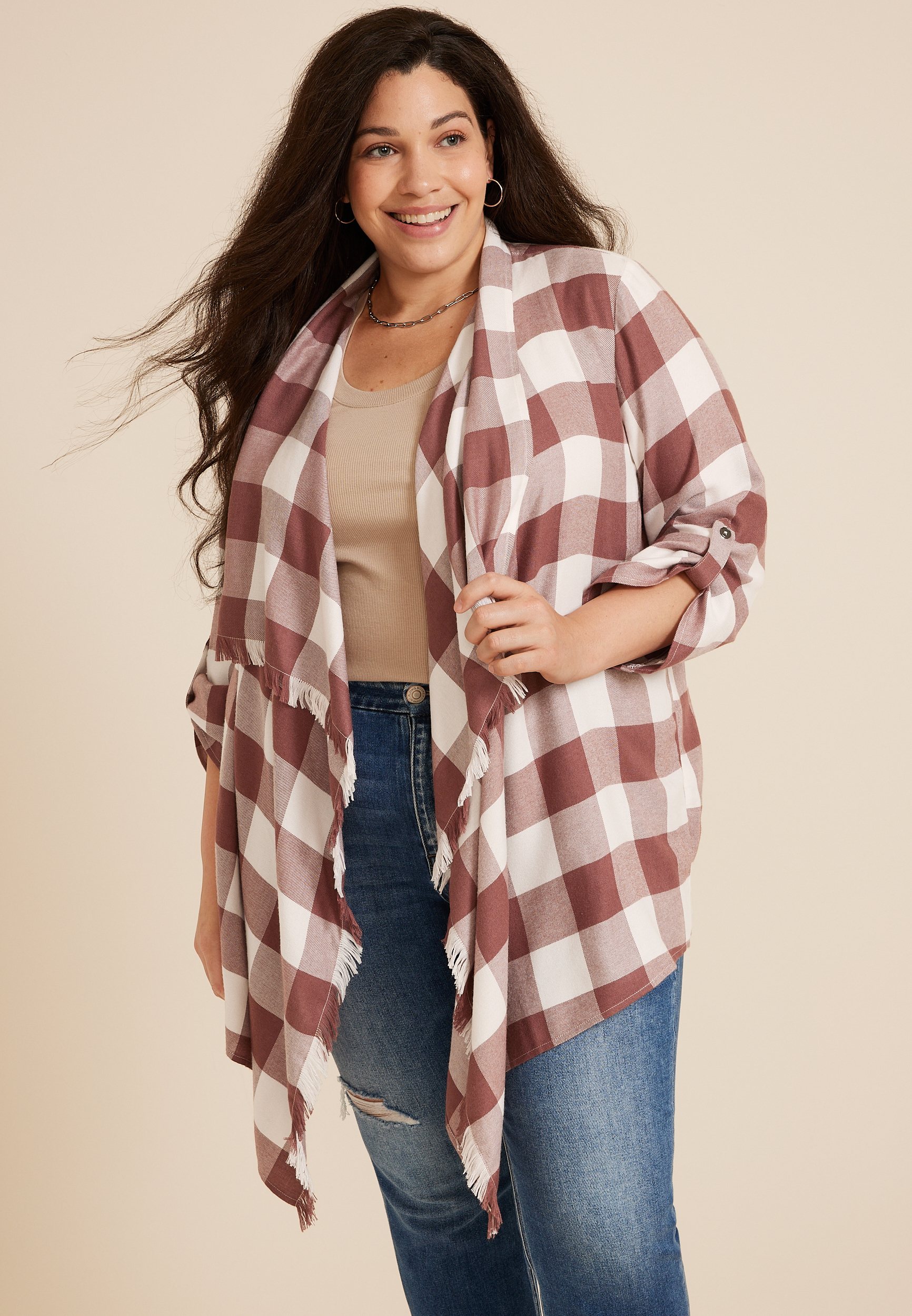 Plus Size Plaid Open Front Kimono