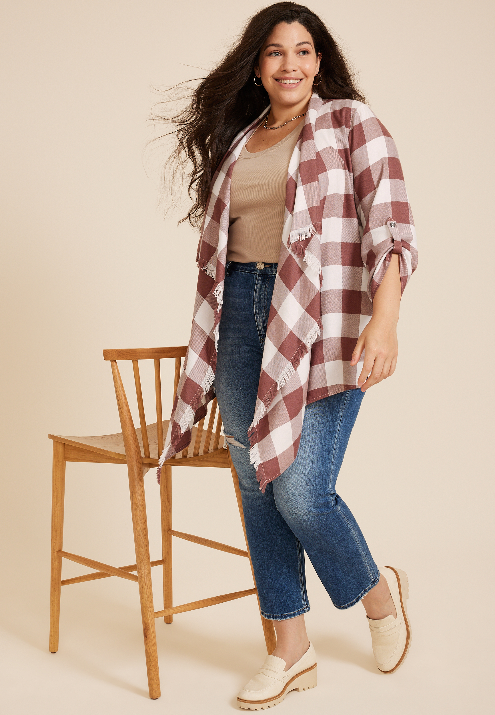 Plus Size Plaid Open Front Kimono, C5883, large