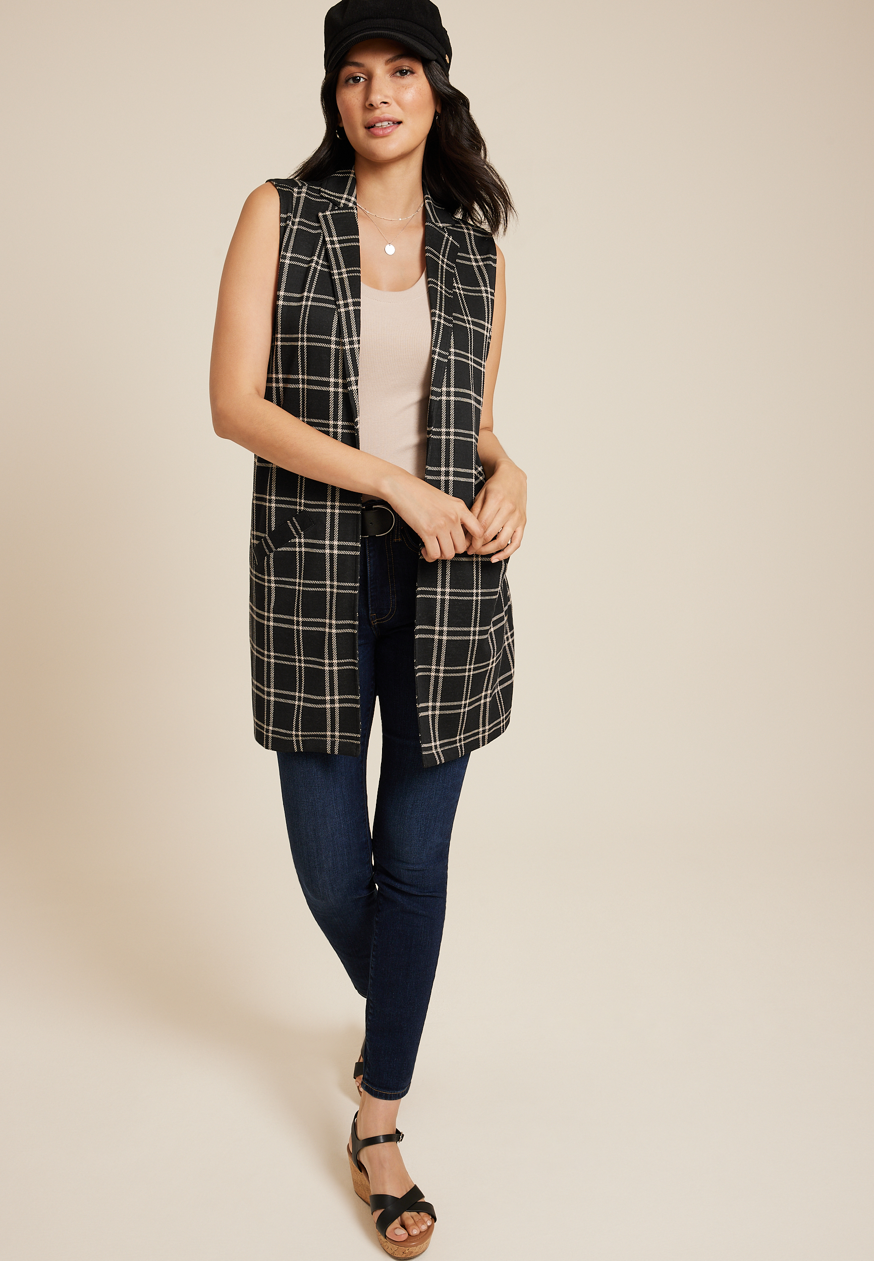Windowpane Longline Blazer Vest, C1756, large