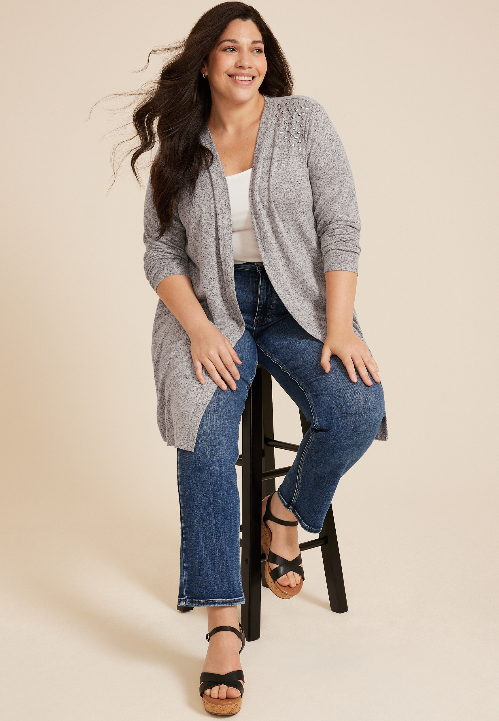 Plus Size Hacci Studded Long Sleeve Cardigan, C3348, large