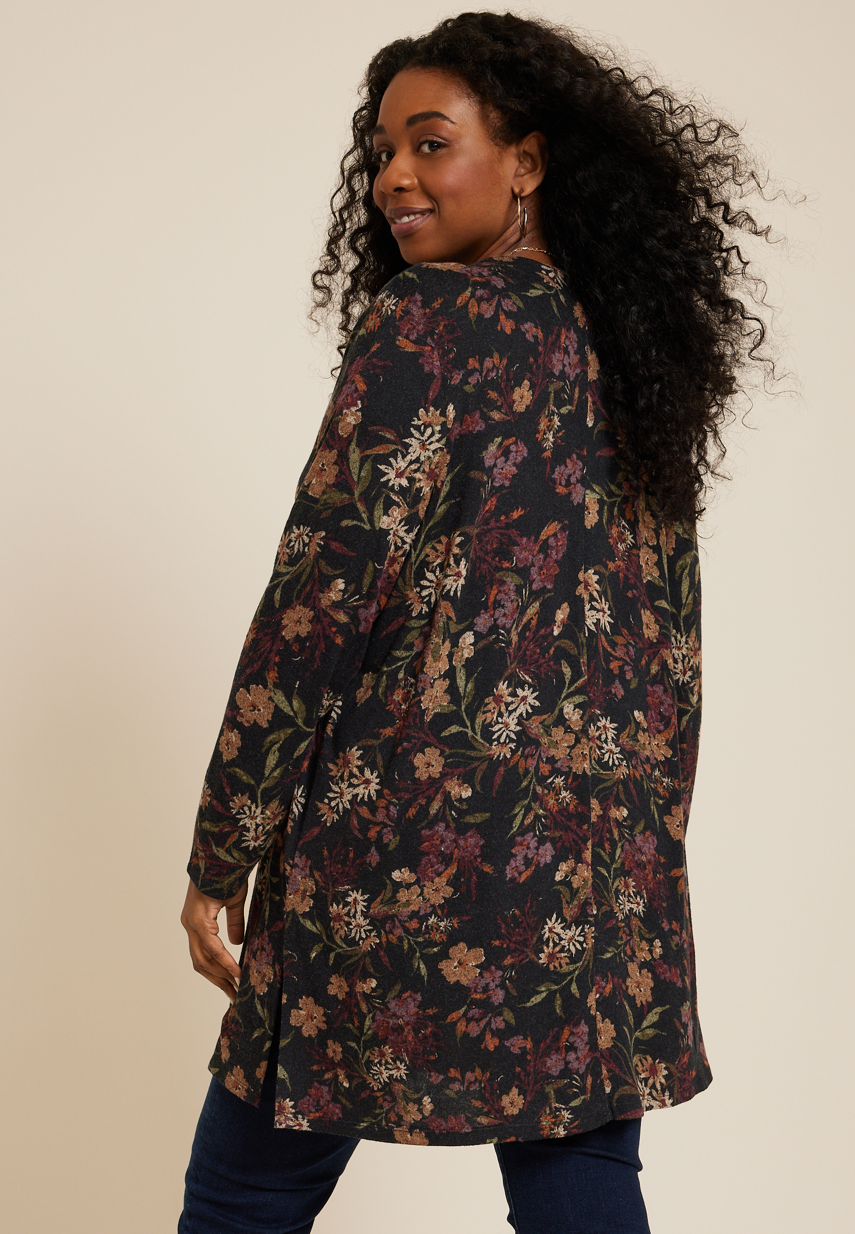 Plus Size Floral Hacci Long Sleeve Cardigan, C1756, large