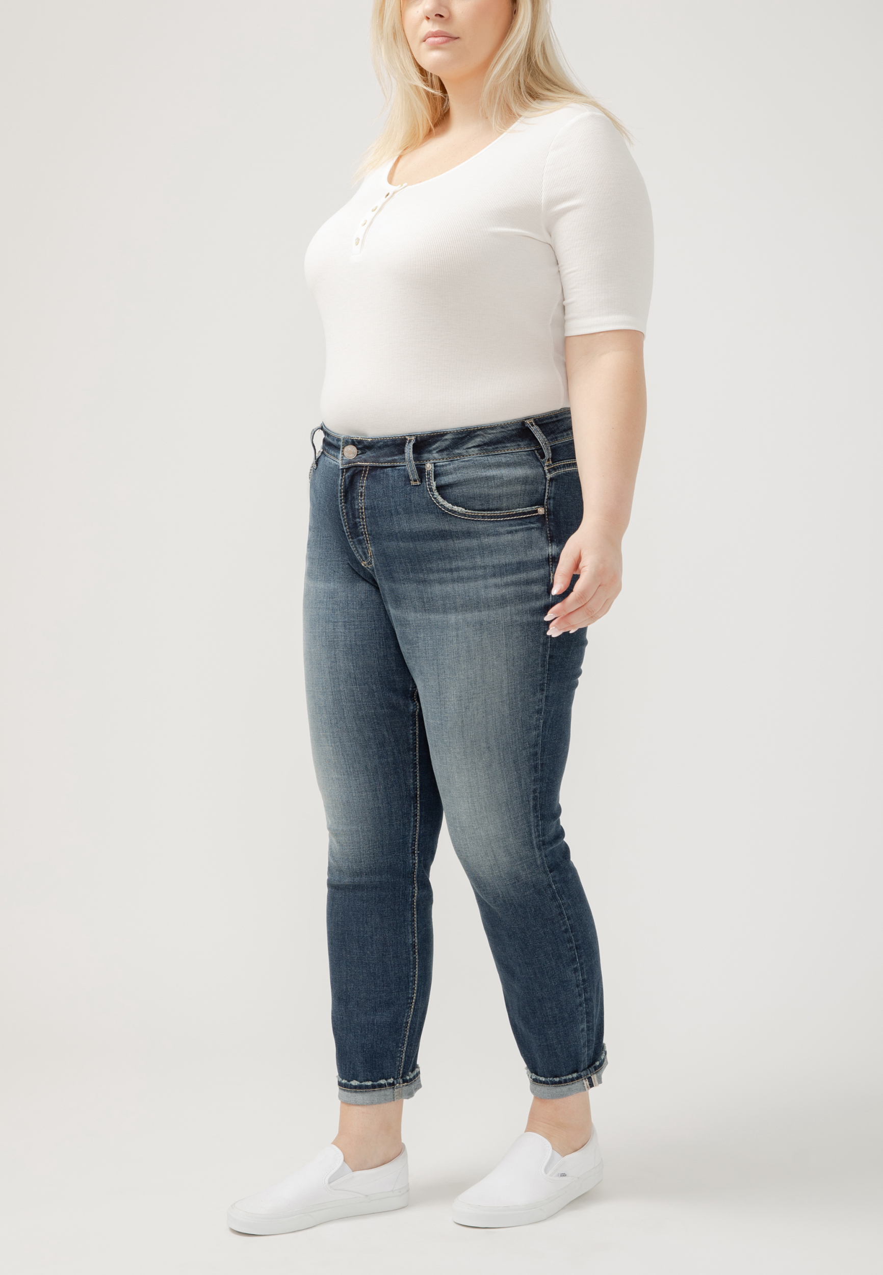 Plus Size Silver Jeans Co.&reg; Mid Rise Luxe Stretch Thick Stitch Boyfriend Slim Leg Jean, , large