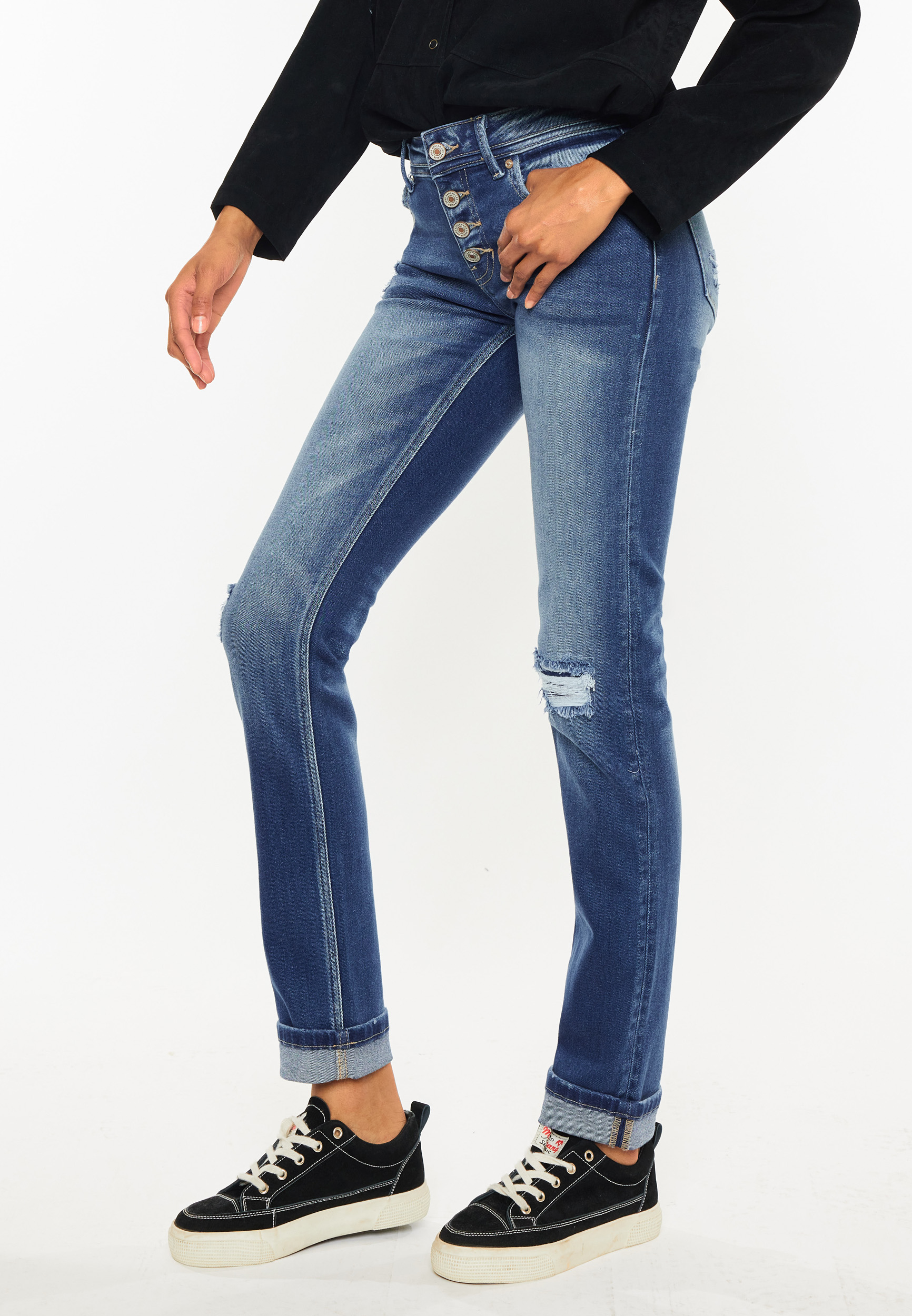 KanCan&trade; Ripped Mid Rise Straight Jean, MEDIUM SANDBLAST, large