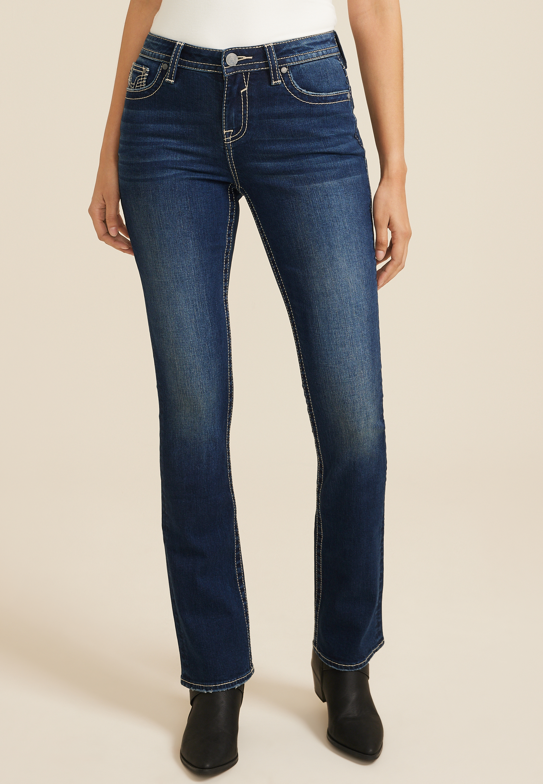 Vigoss&reg; Mid Rise Studded Flap Slim Boot Jean, C258, large