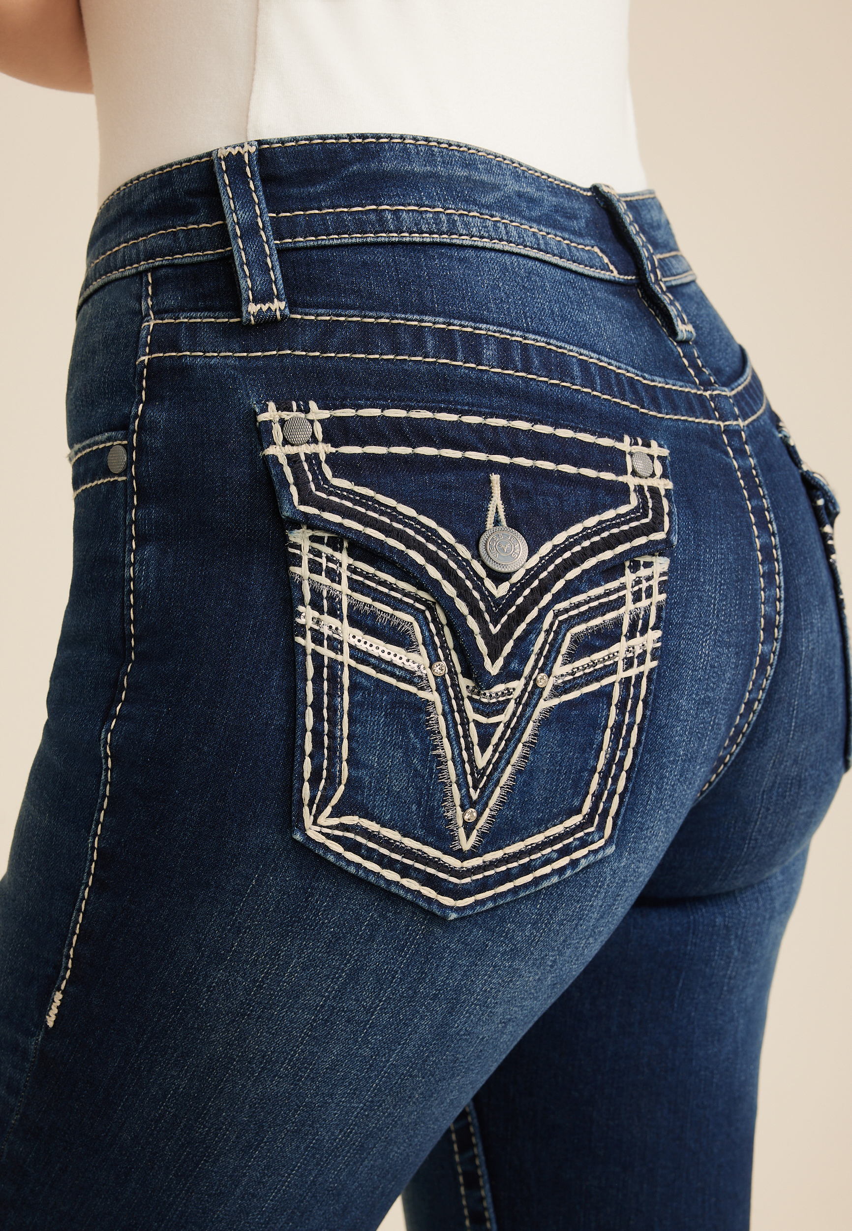 Vigoss&reg; Mid Rise Studded Flap Slim Boot Jean, C258, large