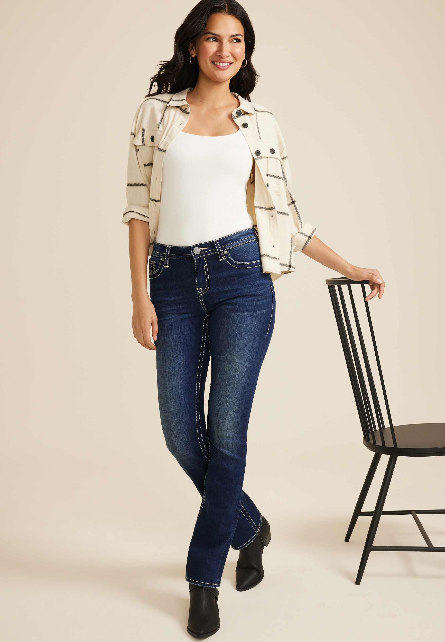 Vigoss&reg; Mid Rise Studded Flap Slim Boot Jean, C258, large