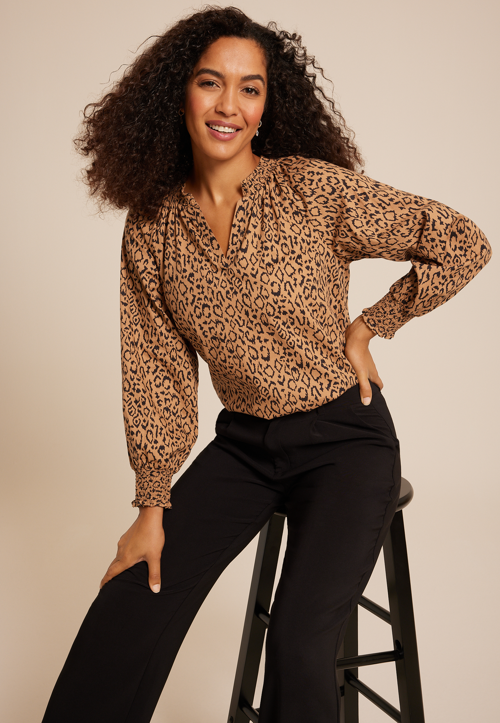 Animal V Neck Poplin Blouse, C7844, large