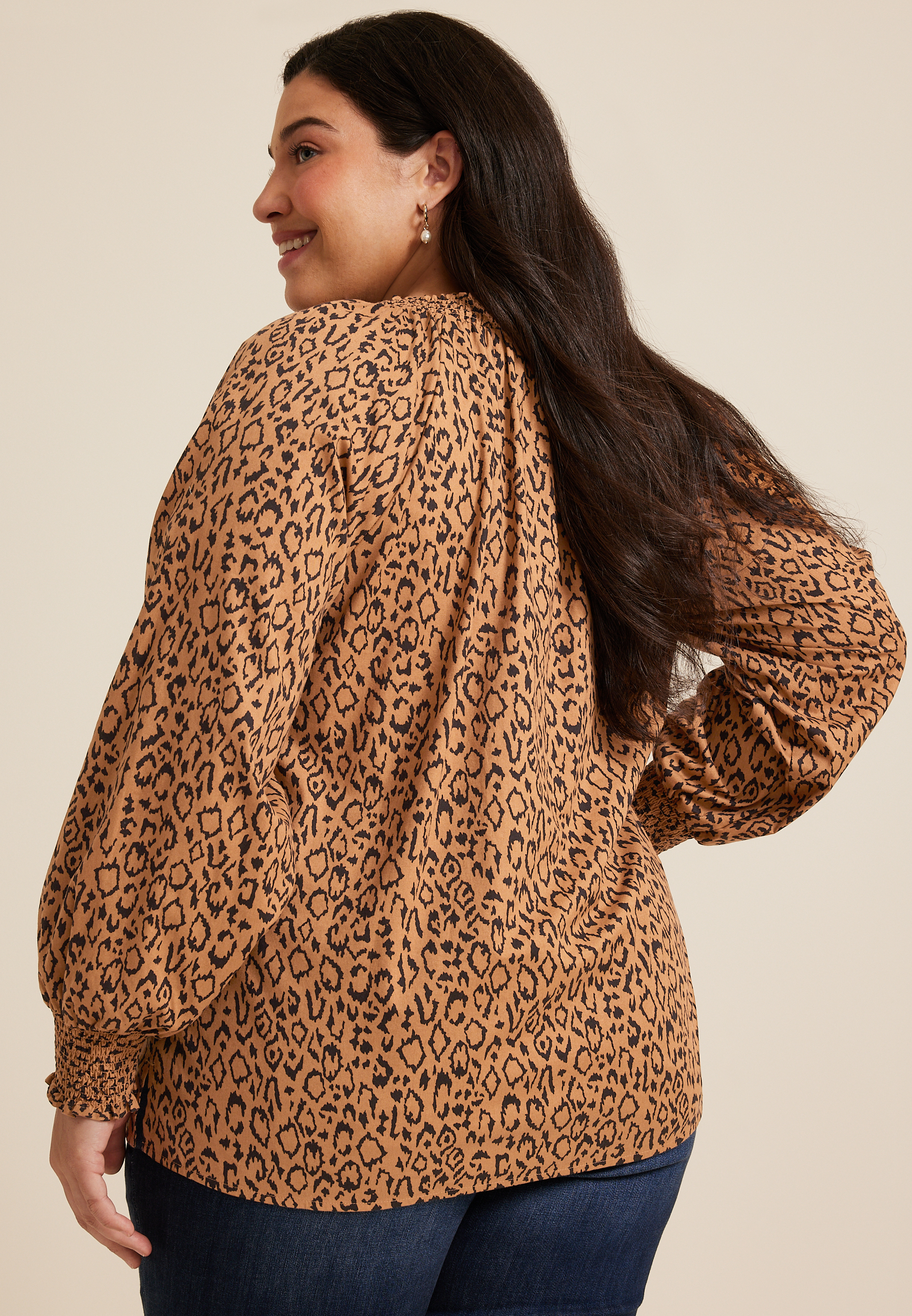Plus Size Animal V Neck Poplin Blouse, C7844, large