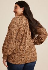 Plus Size Animal V Neck Poplin Blouse, C7844, small
