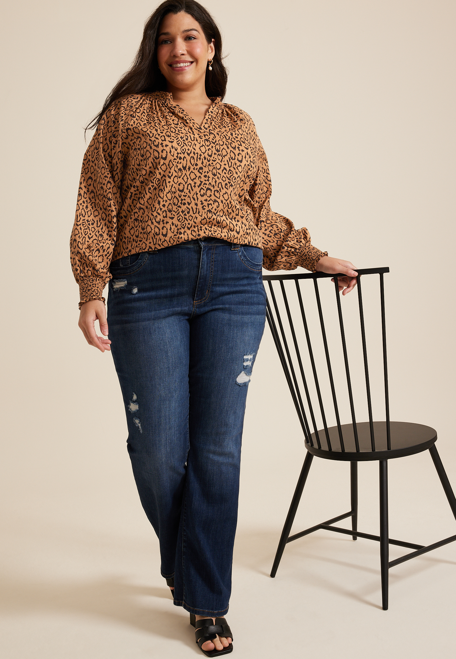 Plus Size Animal V Neck Poplin Blouse, C7844, large