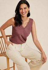 Satin Lace Trim Tank Top, COCONUT SHELL, small
