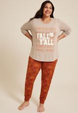 Plus Size Fall Yall Cozy Graphic Tee And Jogger Pajama Set, HEATHERED COCOA, small
