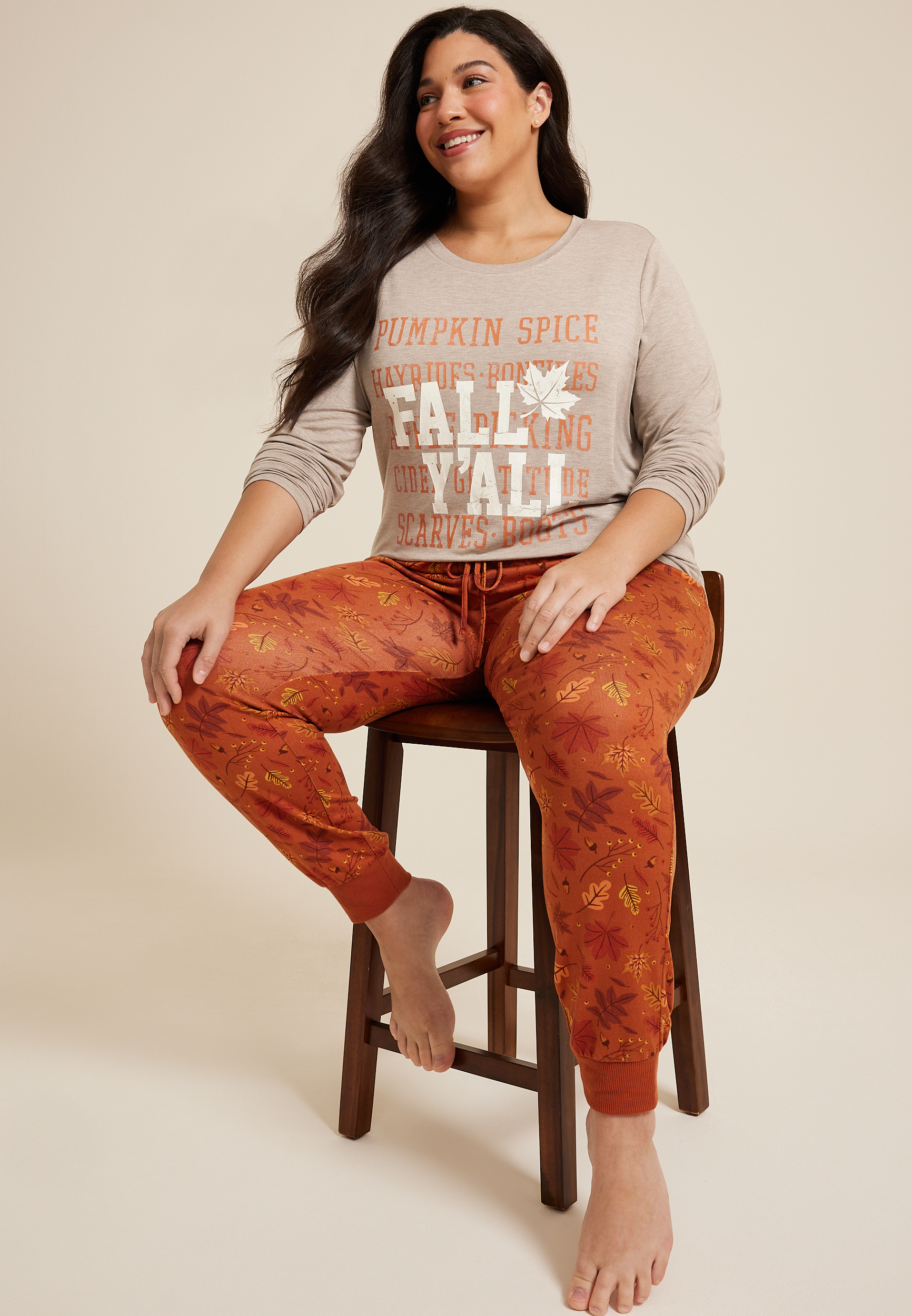 Plus Size Fall Yall Cozy Graphic Tee And Jogger Pajama Set, HEATHERED COCOA, large