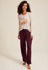 Hello Fall Cozy Graphic Tee And Wide Leg Pajama Set, OATMEAL HEATHER, small