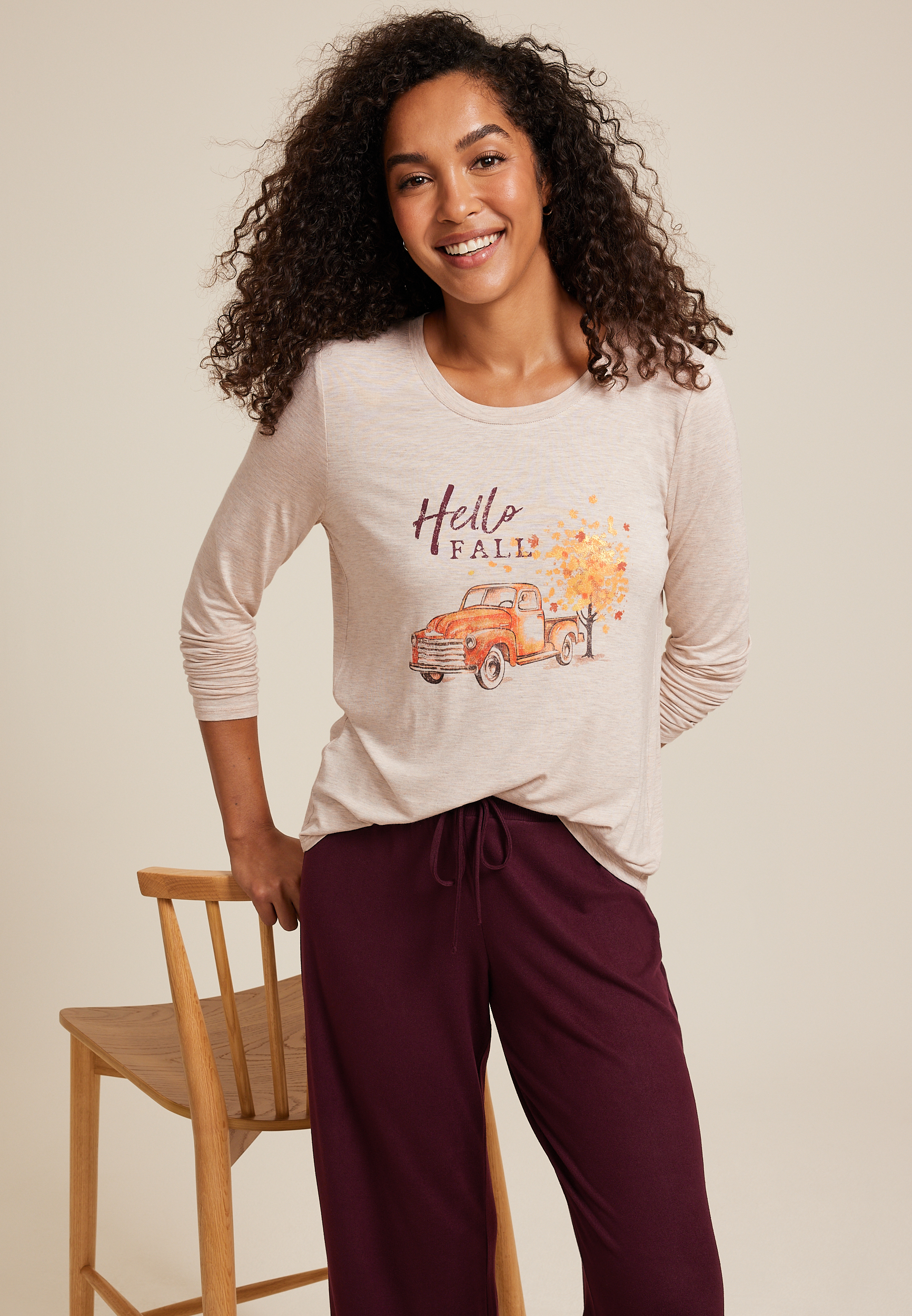 Hello Fall Cozy Graphic Tee And Wide Leg Pajama Set, OATMEAL HEATHER, large