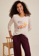 Hello Fall Cozy Graphic Tee And Wide Leg Pajama Set, OATMEAL HEATHER, small