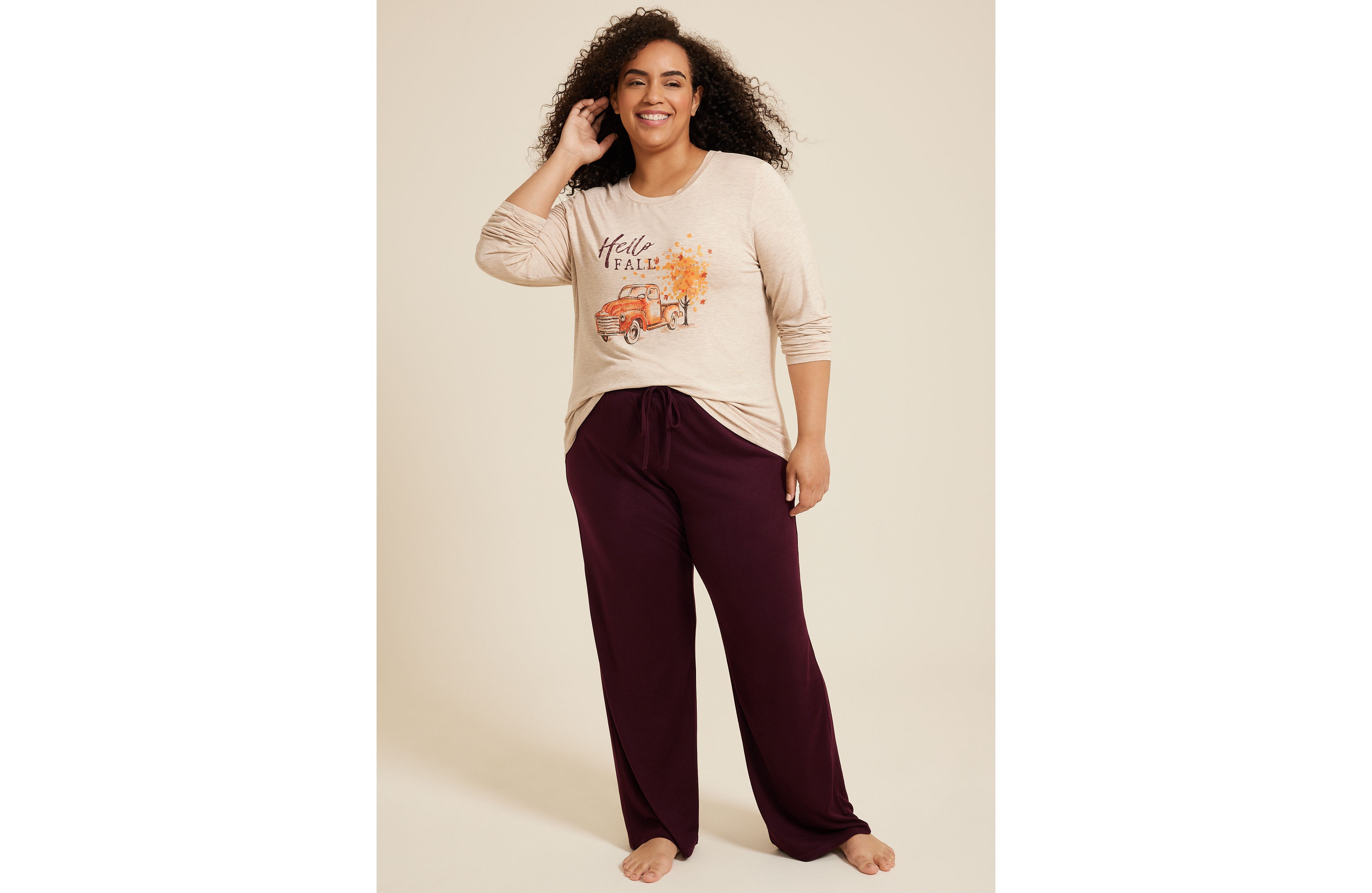 Plus Hello Fall Cozy Graphic Tee And Wide Leg Pajama Set