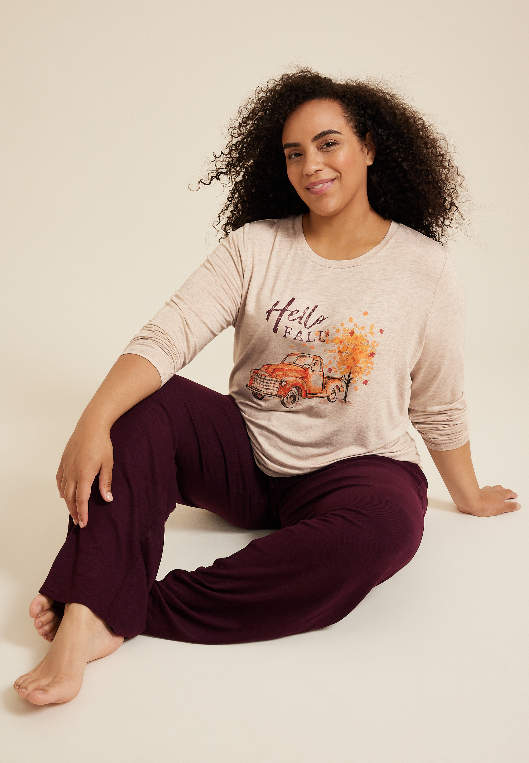 Plus Size Hello Fall Cozy Graphic Tee And Wide Leg Pajama Set, C3363, large