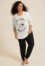 Plus Size Nightmare Before Coffee Cozy Graphic Tee And Jogger Pajama Set, C151, small