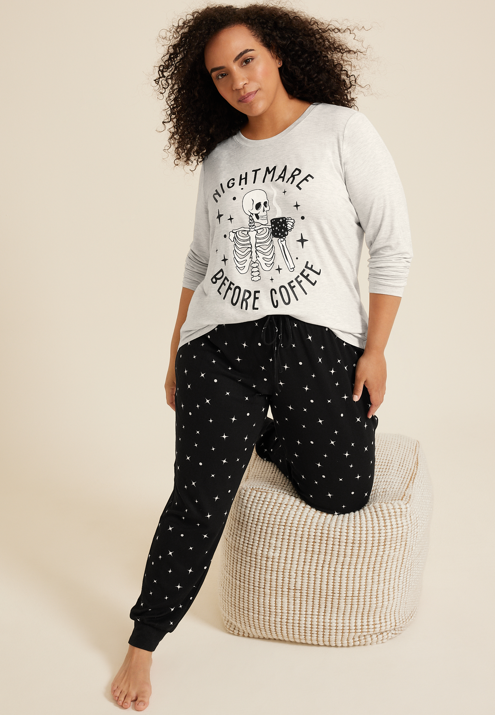 Plus Size Nightmare Before Coffee Cozy Graphic Tee And Jogger Pajama Set, C151, large