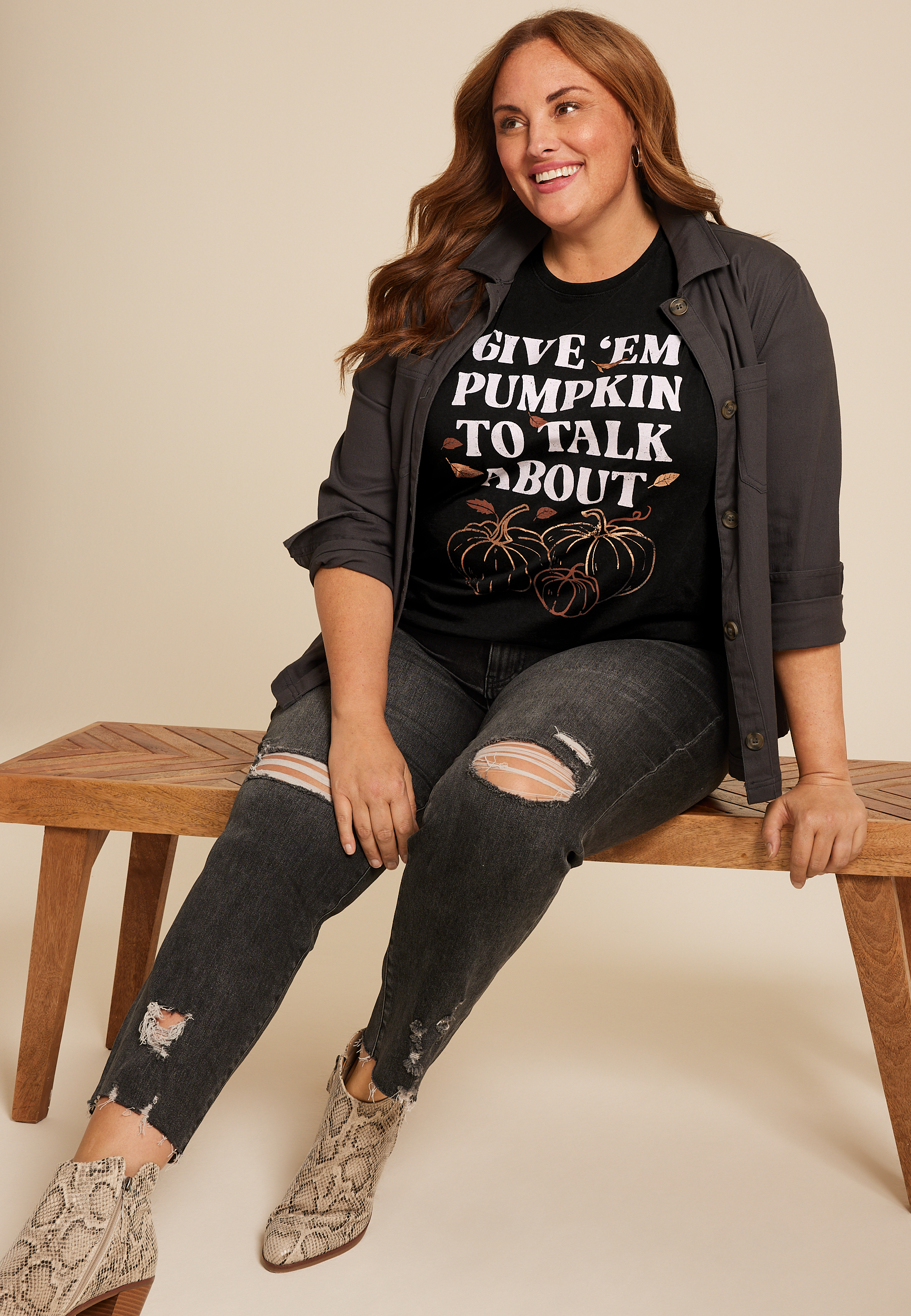 Plus Size Give Em Pumpkin To Talk About Oversized Fit Graphic Tee, C106, large