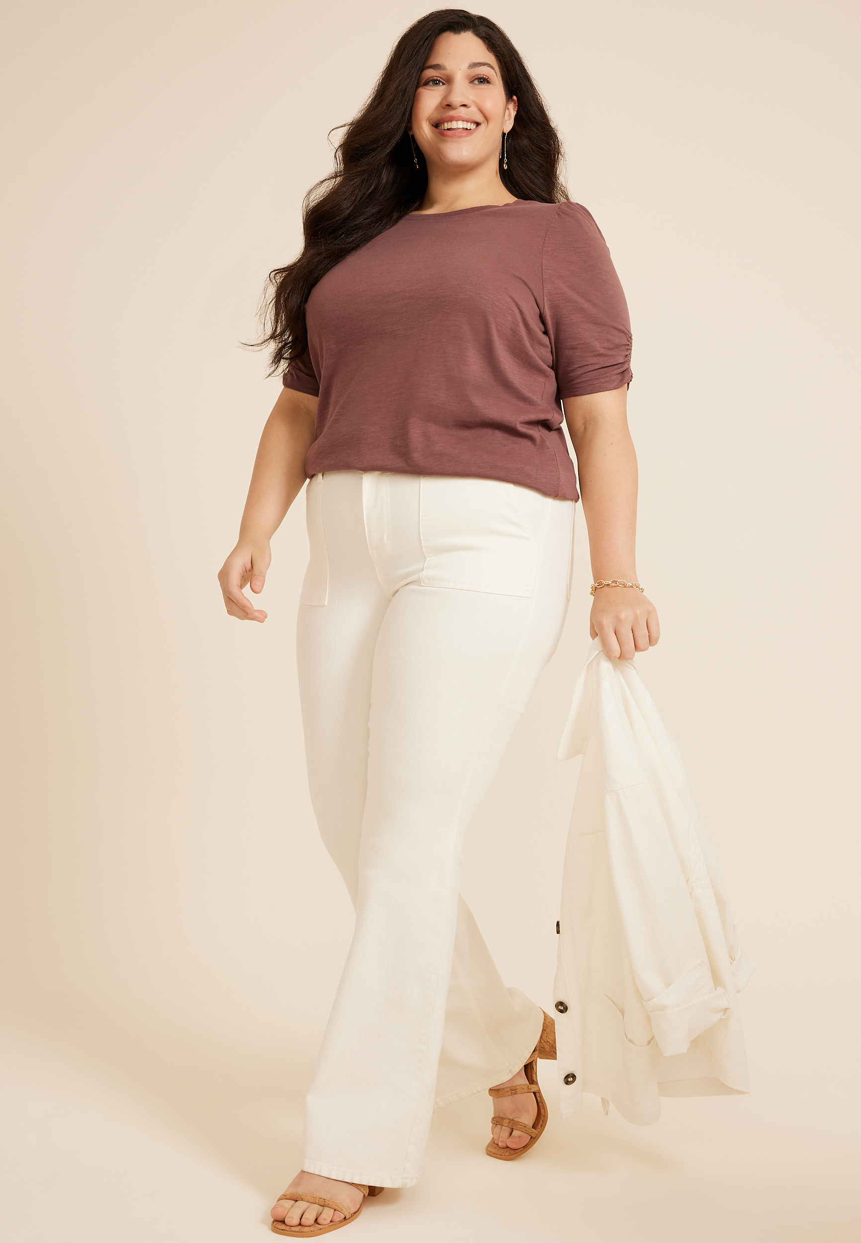 Plus Size Parktown Puff Sleeve Top, COCONUT SHELL, large
