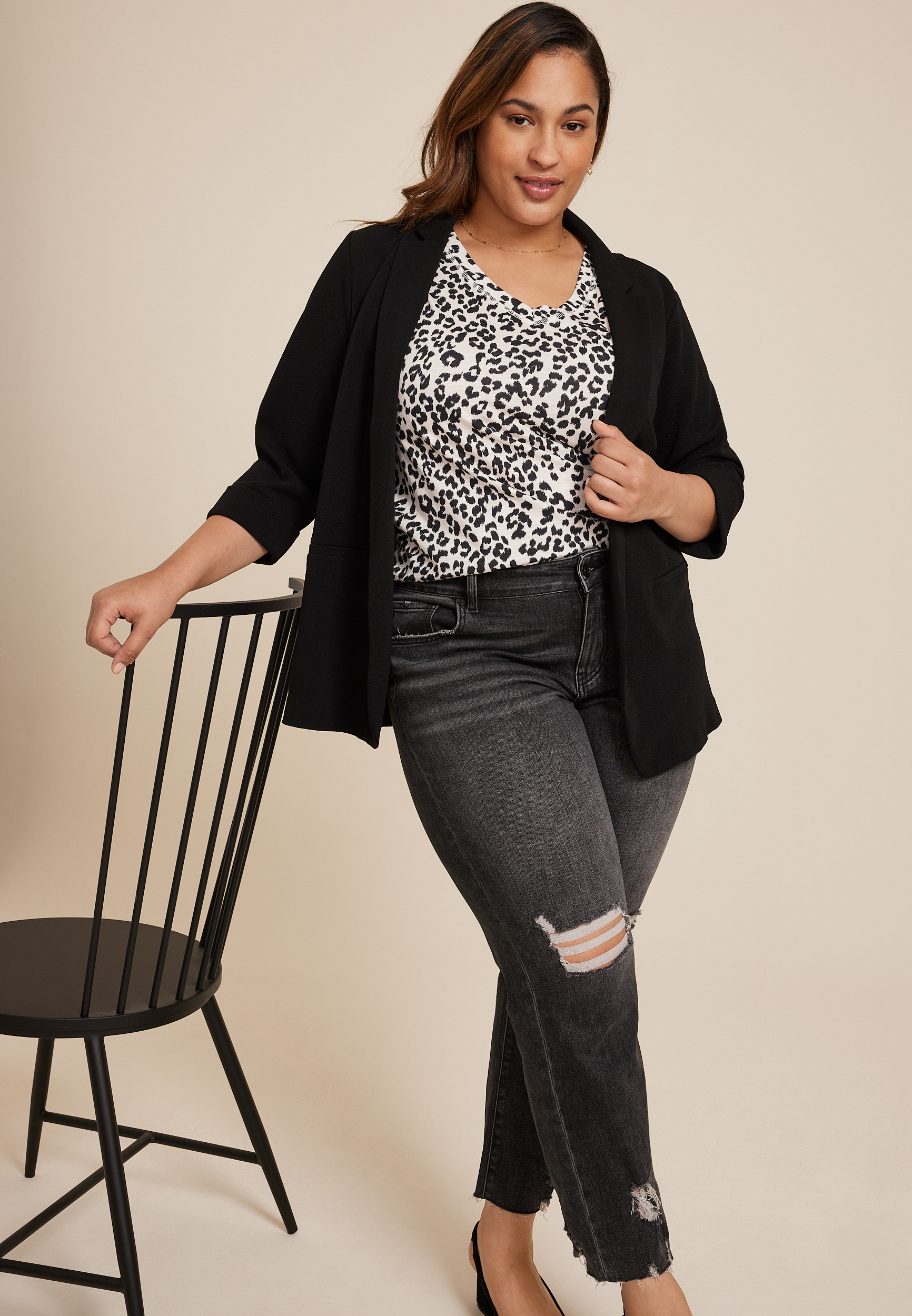 Plus Size Brookside Animal V Neck Ruffle Sleeve Tee, C1524, large