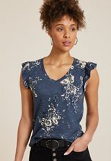Brookside Floral V Neck Ruffle Sleeve Tee, C3123, small