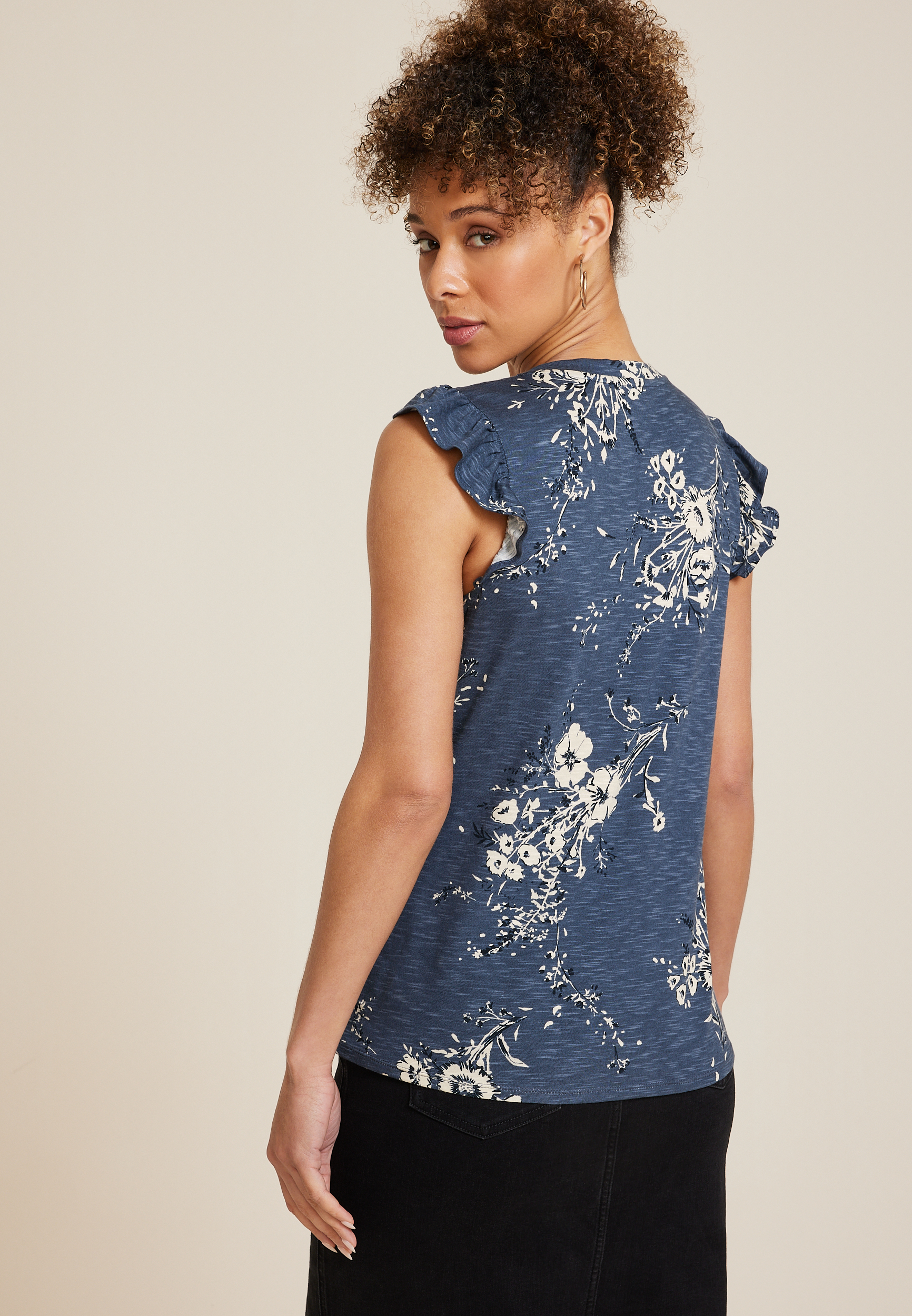 Brookside Floral V Neck Ruffle Sleeve Tee, C3123, large