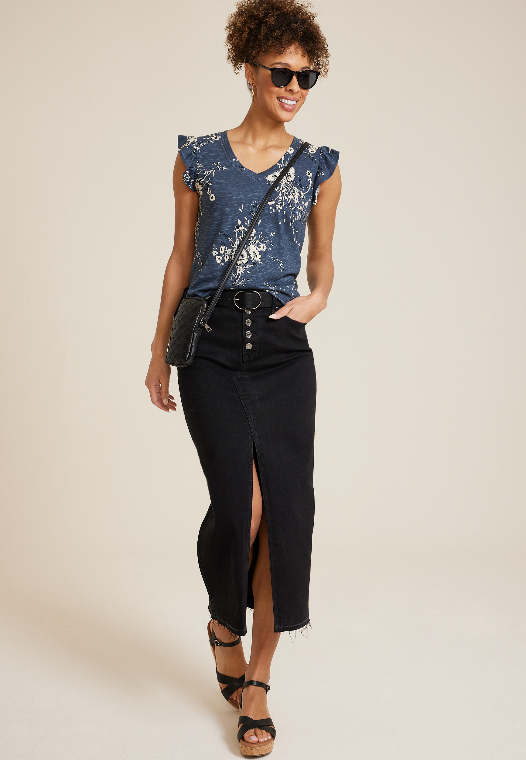Brookside Floral V Neck Ruffle Sleeve Tee, C3123, large