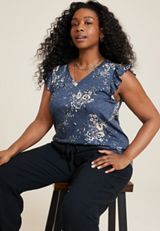 Plus Size Brookside Floral V Neck Ruffle Sleeve Tee, BLUE GEMSTONE COMBO, small