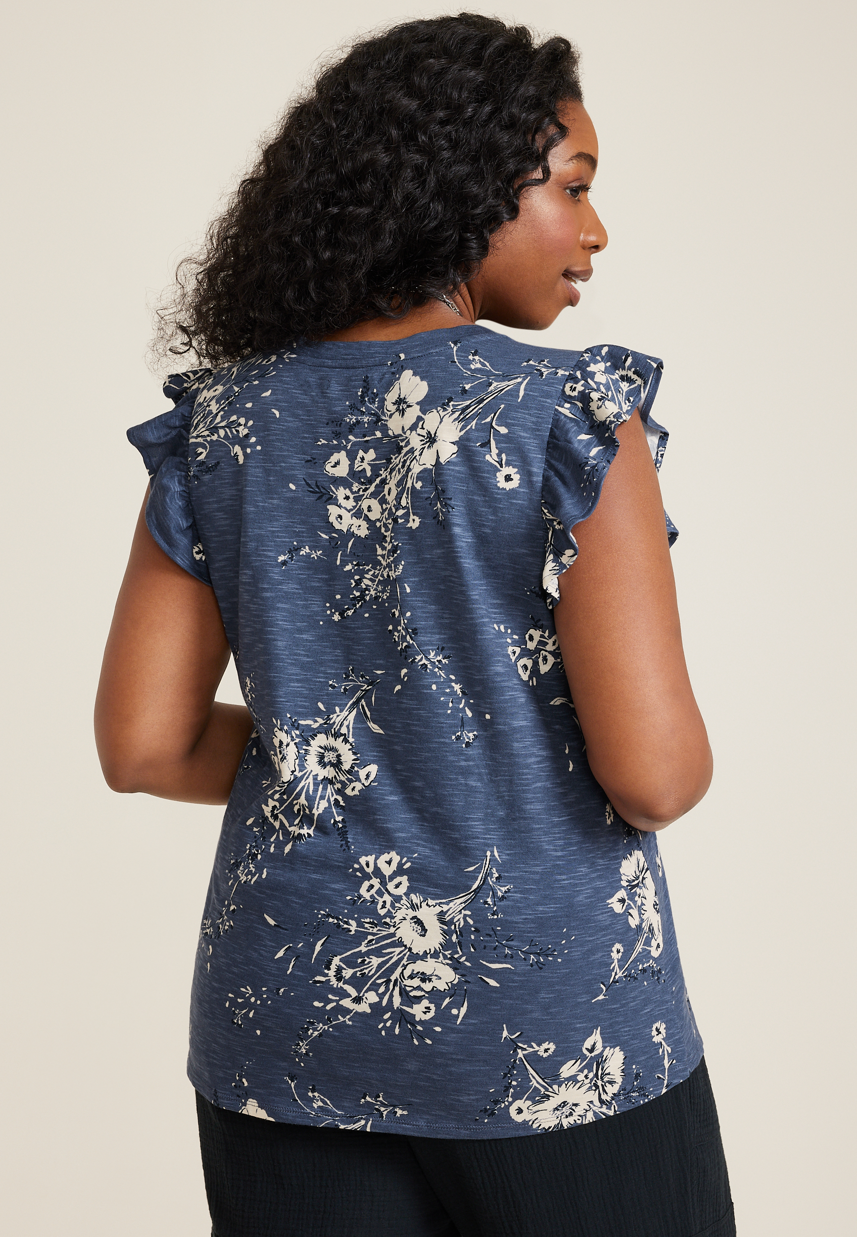 Plus Size Brookside Floral V Neck Ruffle Sleeve Tee, BLUE GEMSTONE COMBO, large