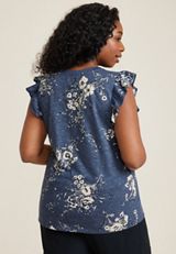 Plus Size Brookside Floral V Neck Ruffle Sleeve Tee, BLUE GEMSTONE COMBO, small