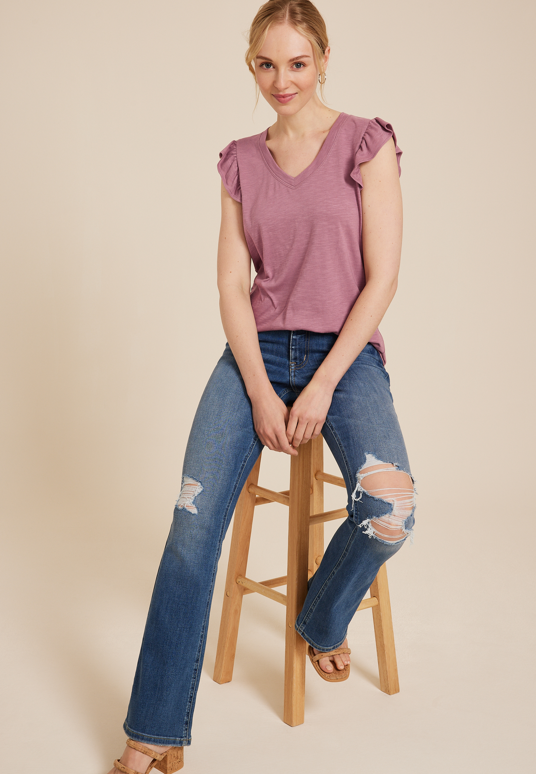 Brookside V Neck Ruffle Sleeve Tee, C7249, large