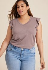 Plus Size Brookside V Neck Ruffle Sleeve Tee, FOX TAUPE, small