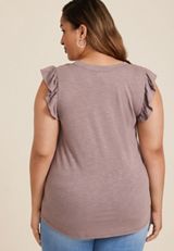 Plus Size Brookside V Neck Ruffle Sleeve Tee, FOX TAUPE, small