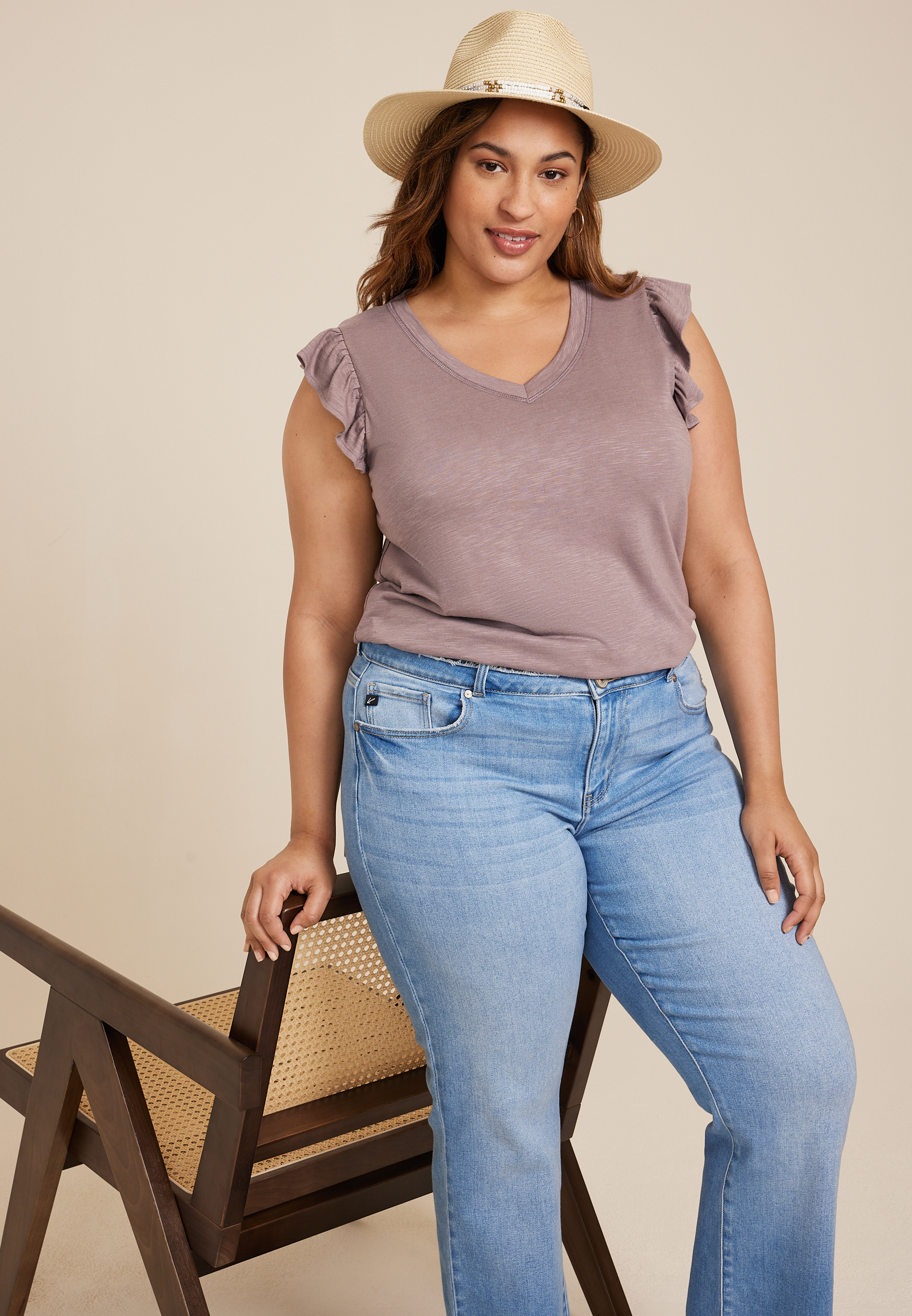 Plus Size Brookside V Neck Ruffle Sleeve Tee, FOX TAUPE, large