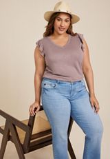 Plus Size Brookside V Neck Ruffle Sleeve Tee, FOX TAUPE, small