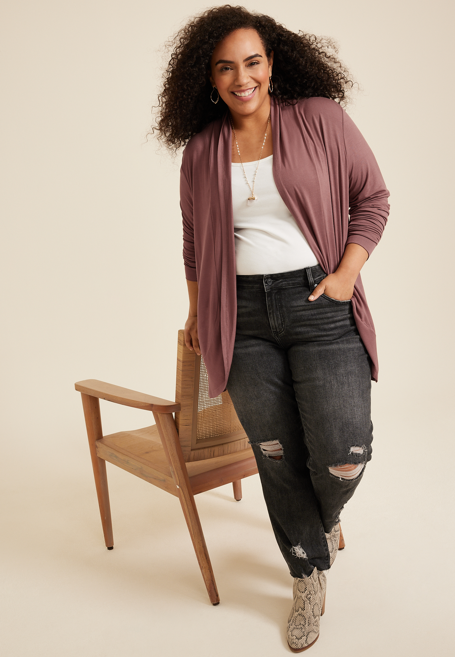 Plus Size Cressa Long Sleeve Cardigan, COCONUT SHELL, large