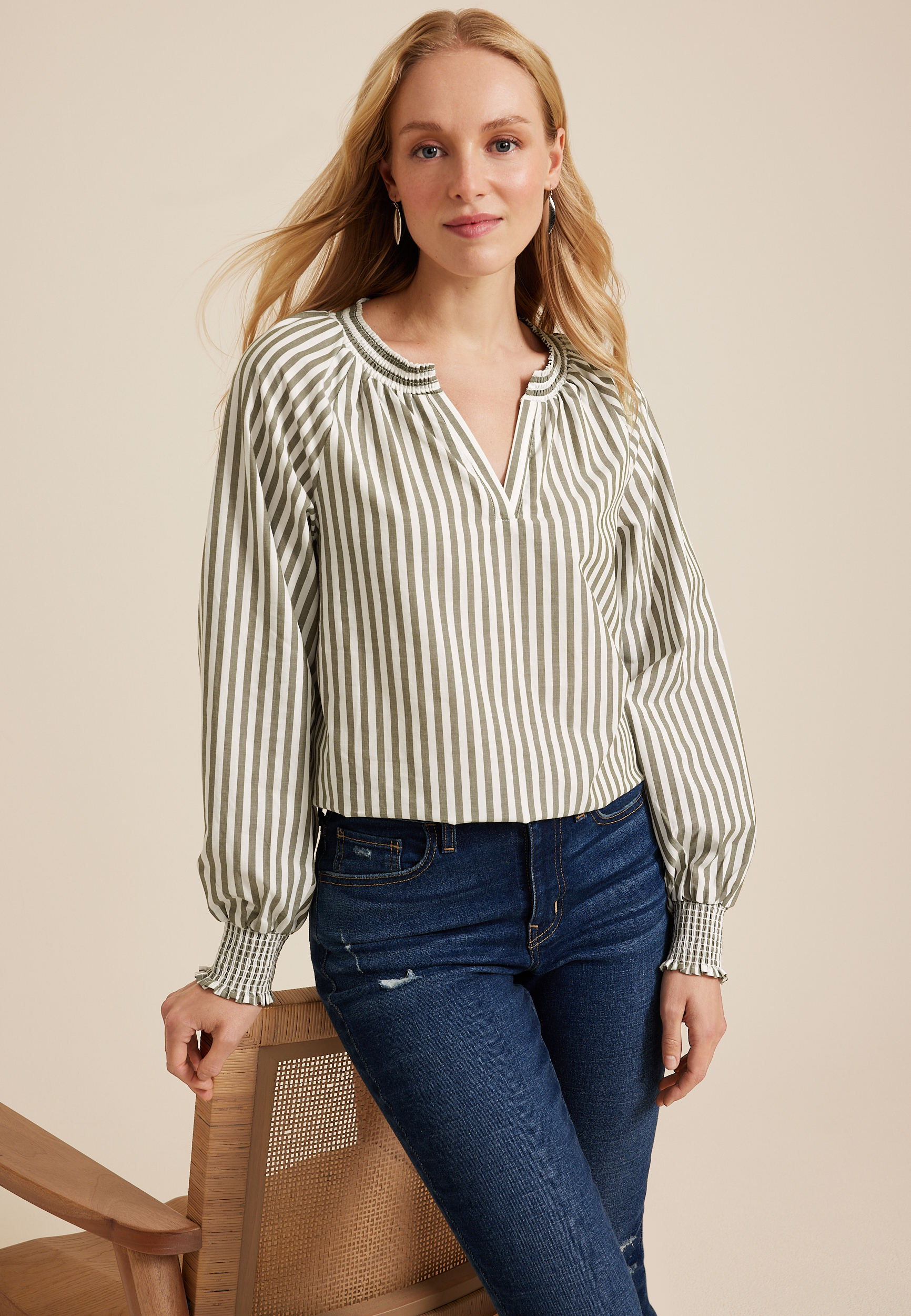 Striped V Neck Poplin Blouse