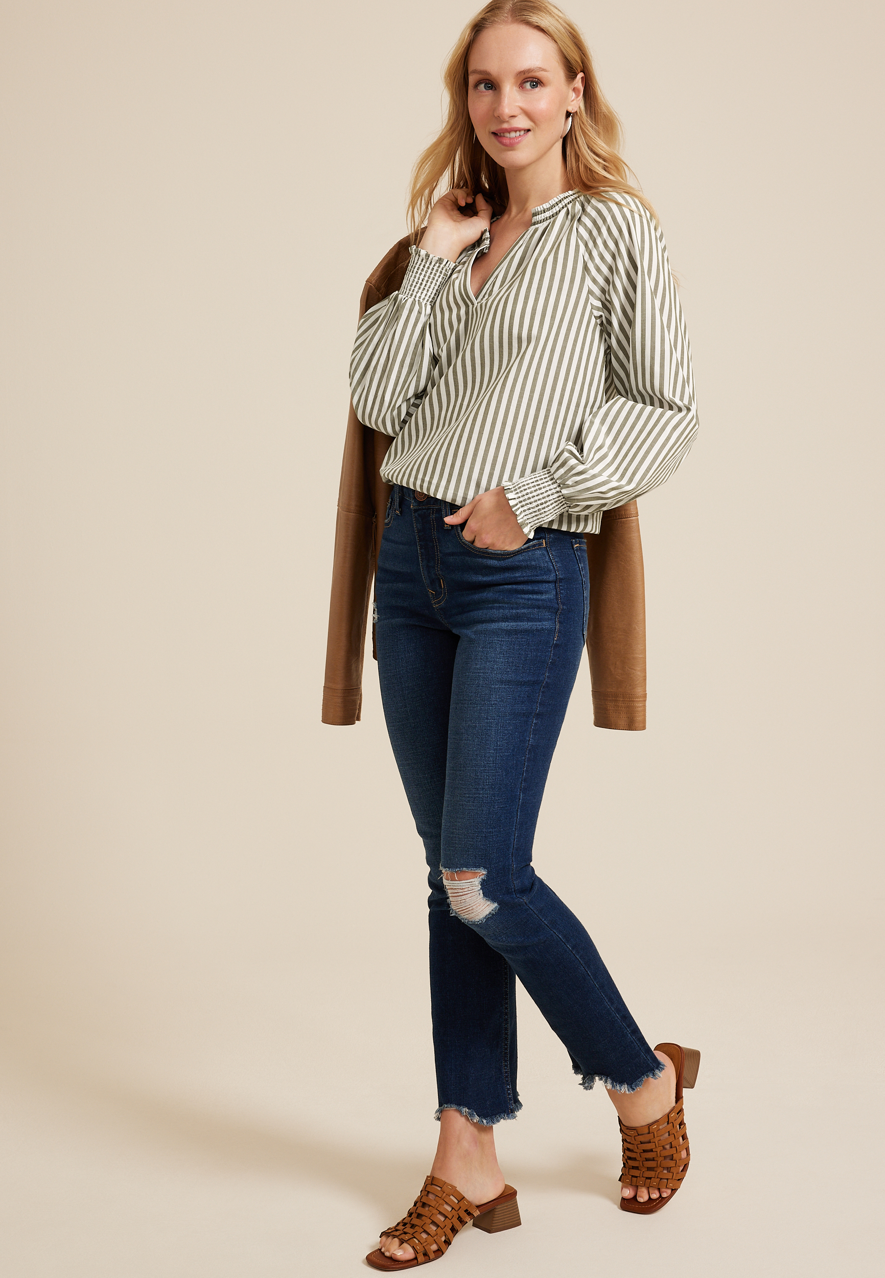 Striped V Neck Poplin Blouse, C9713, large