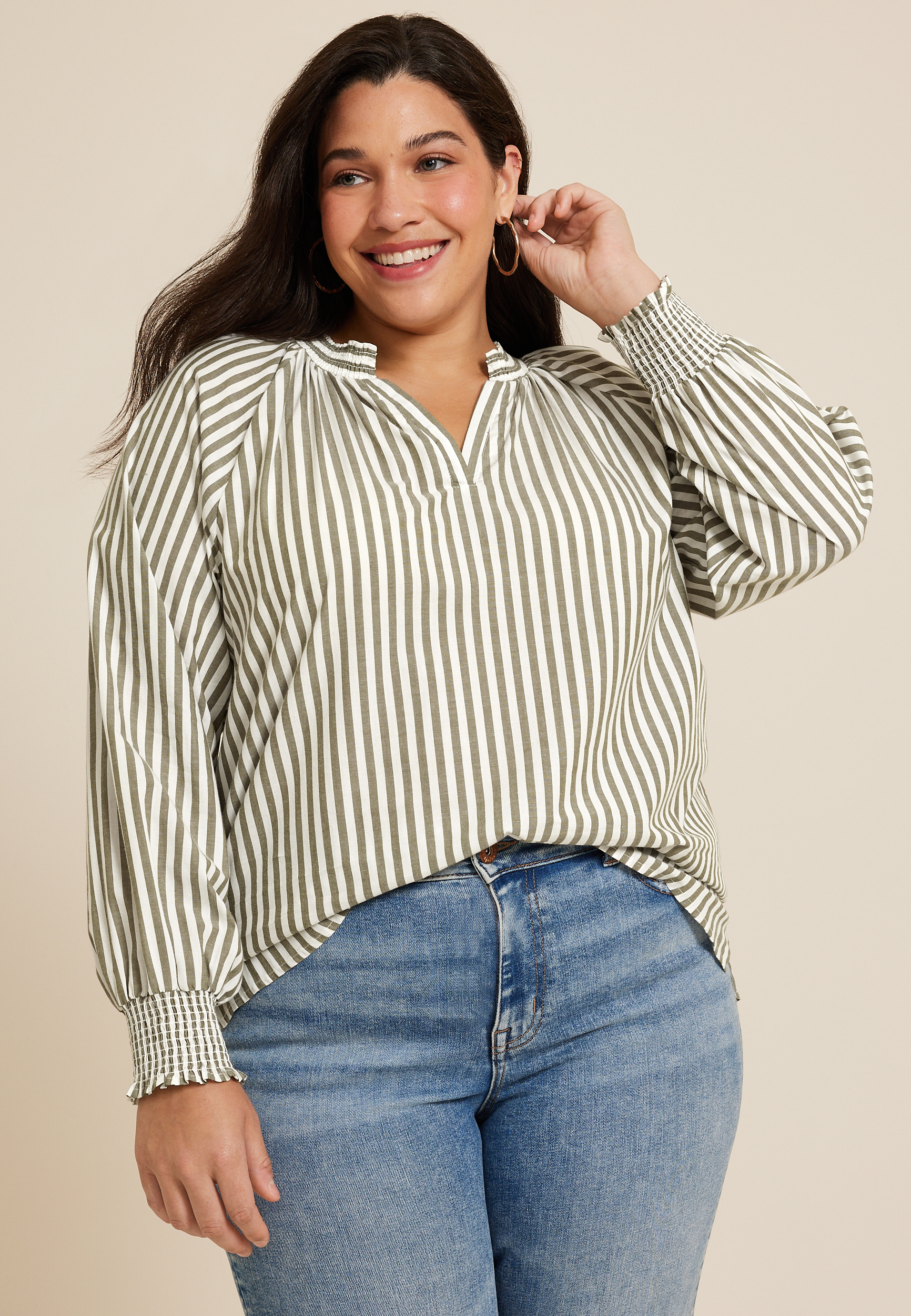 Plus Striped V Neck Poplin Blouse