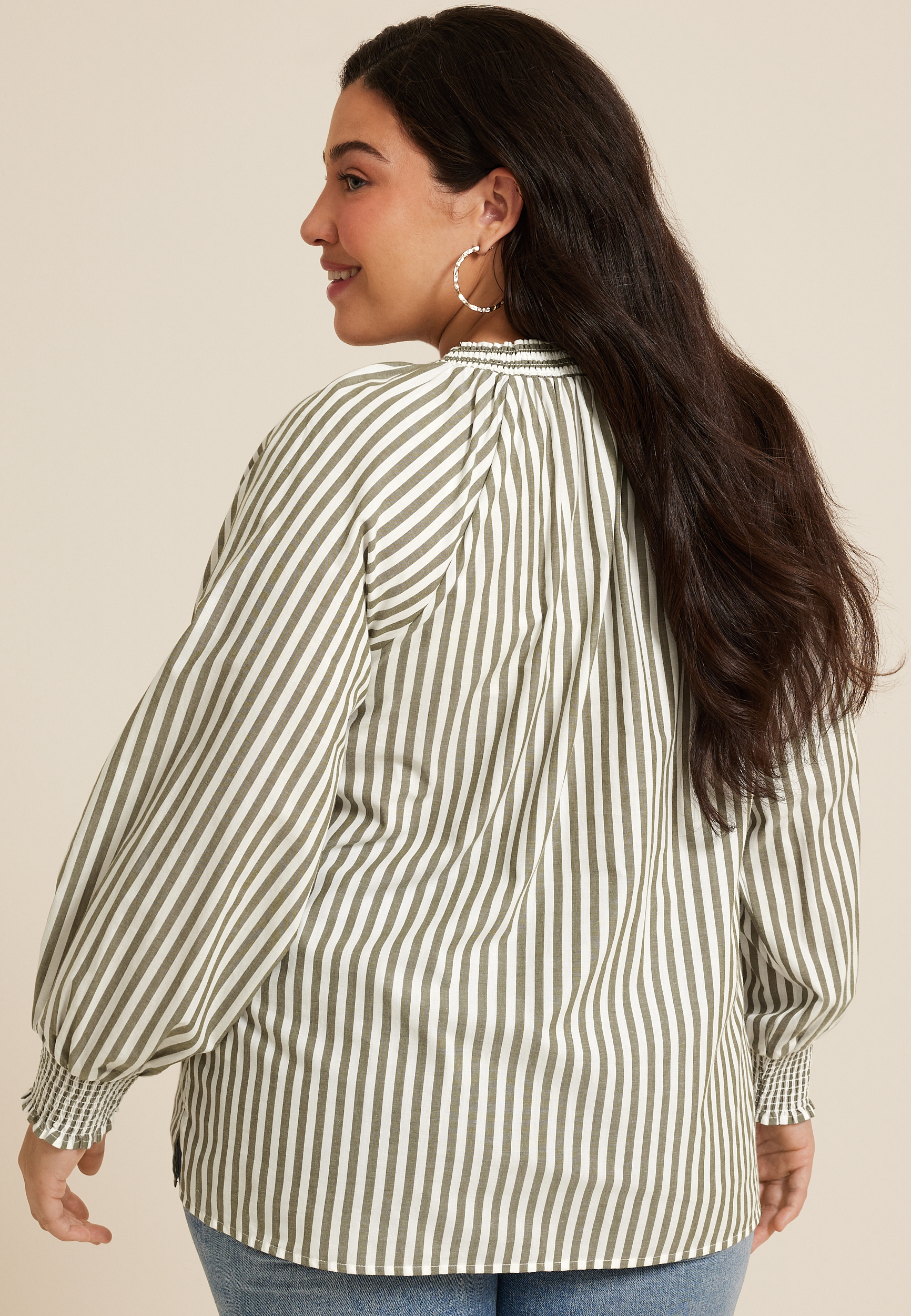 Plus Size Striped V Neck Poplin Blouse, C9713, large