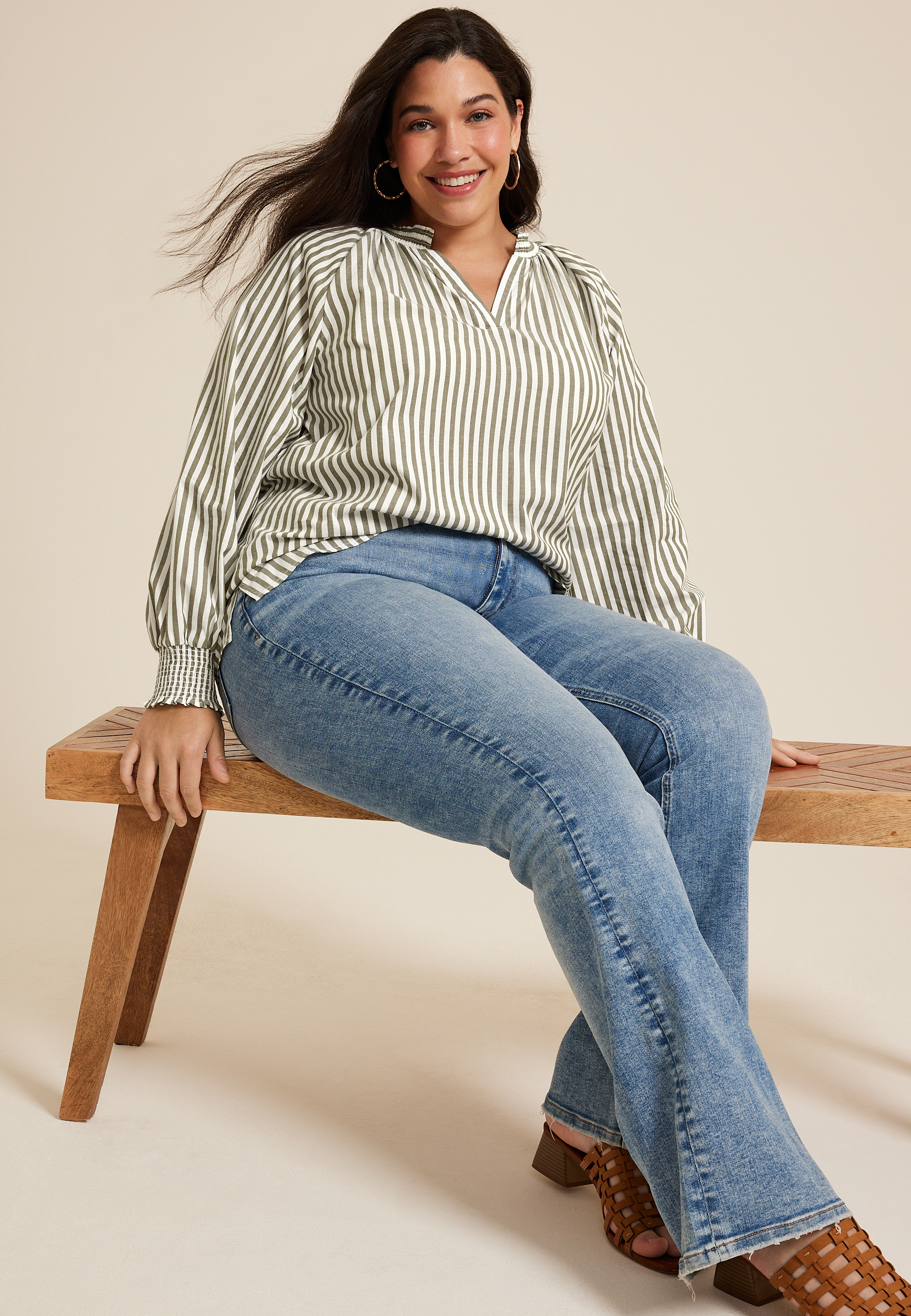 Plus Size Striped V Neck Poplin Blouse, C9713, large