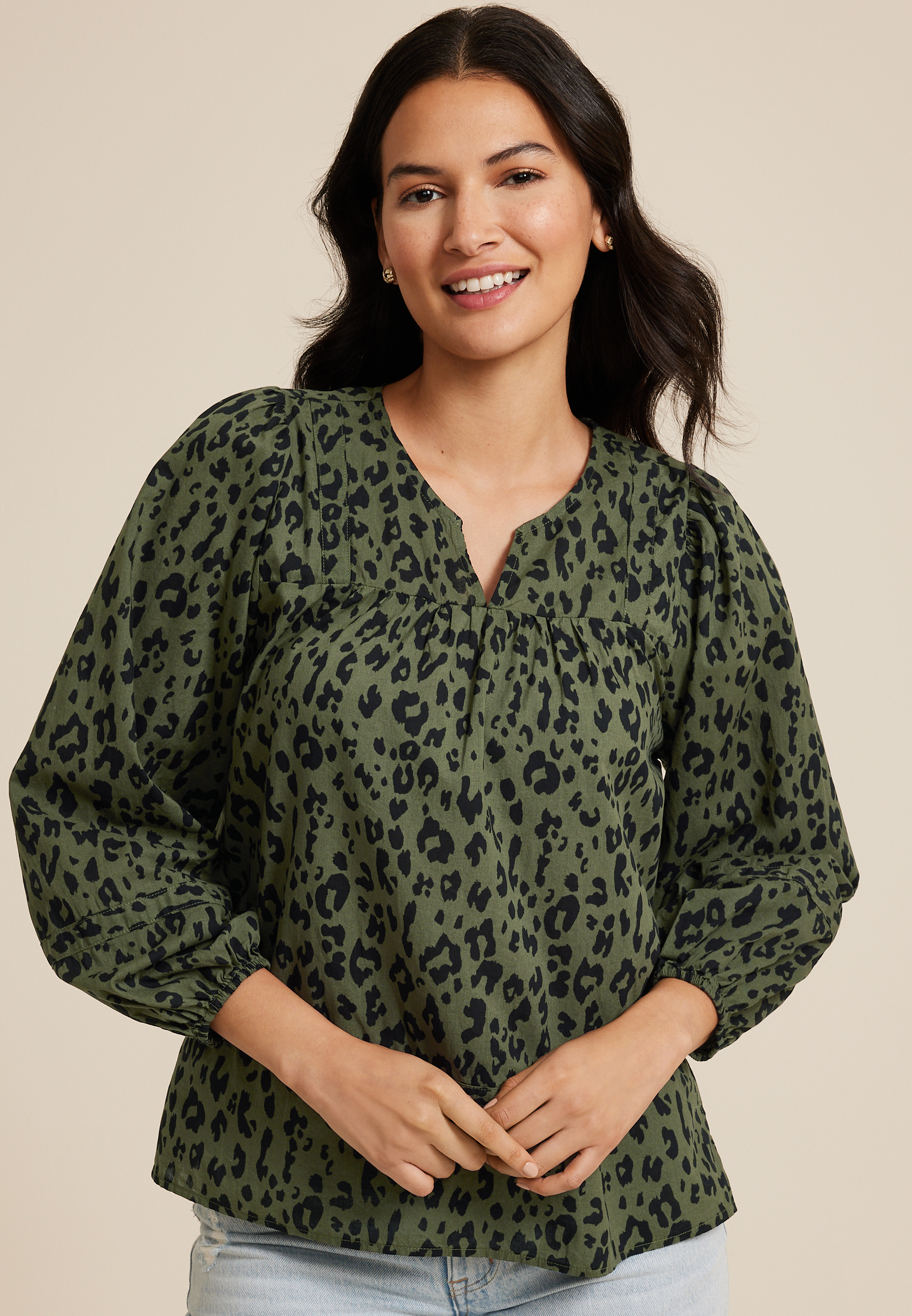 Olive Animal Peasant Blouse