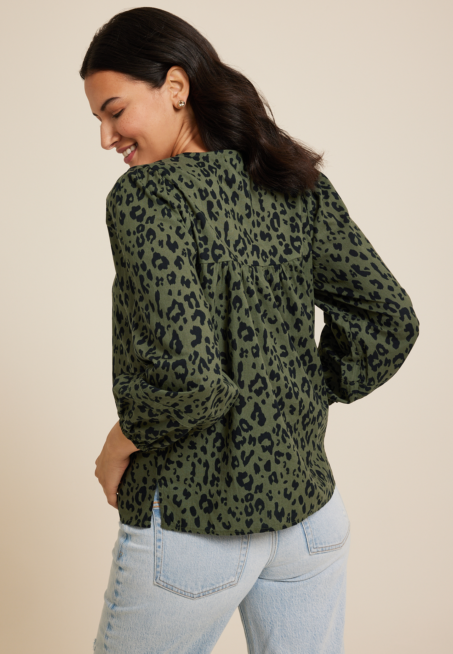 Olive Animal Peasant Blouse, C1829, large